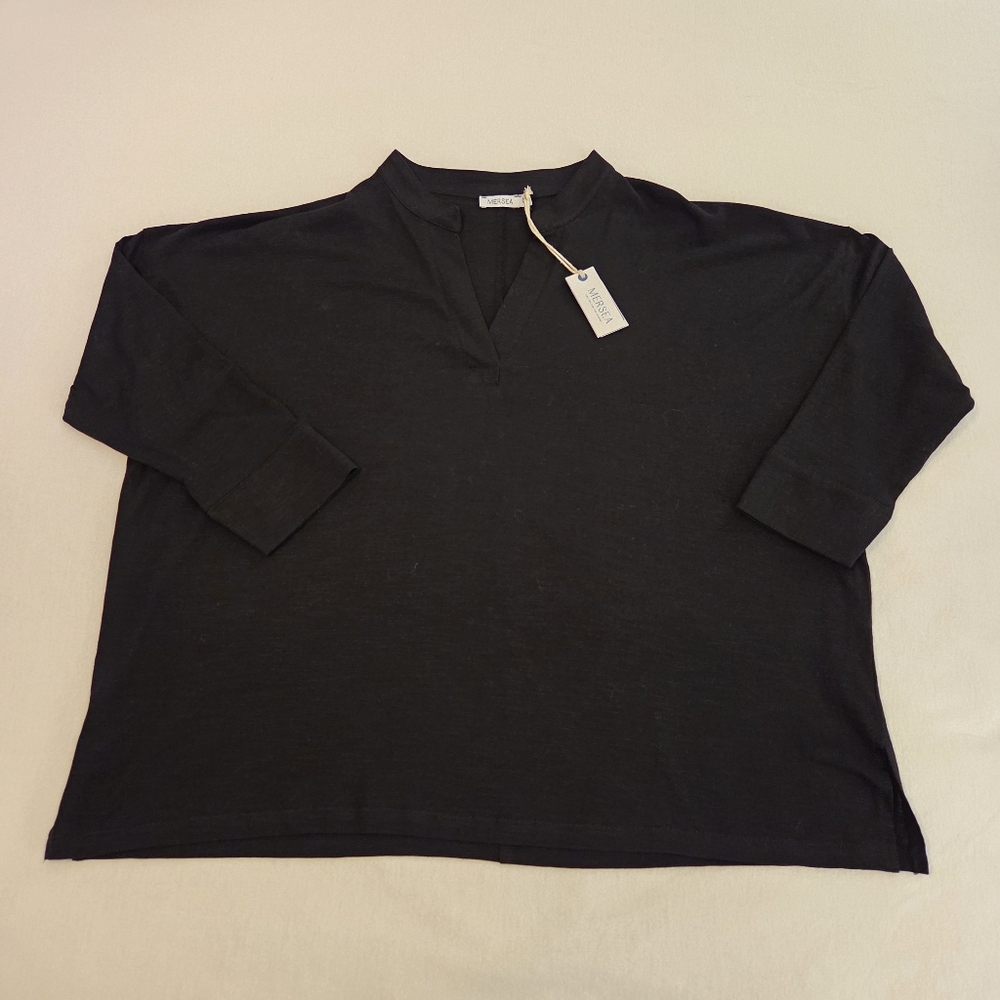 MERSEA NWT Amelia Cuff Tee Black Slub Cotton Vneck Minimalist Blouse Women's OS - Picture 8 of 14
